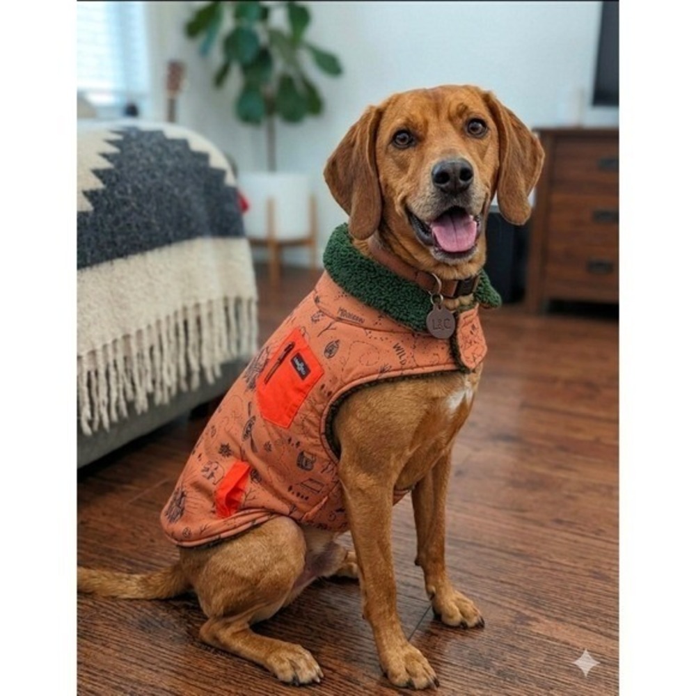Lucy & Co Reversible Dog Vest Large Orange Camping Print Sherpa Warm Cozy